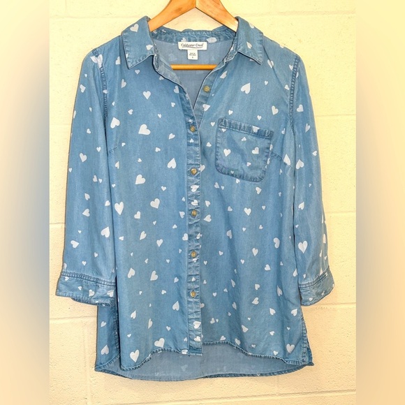 Coldwater Creek Chambray 3/4 Sleeve White Hearts Size Small Valentine’s Day - Picture 1 of 10